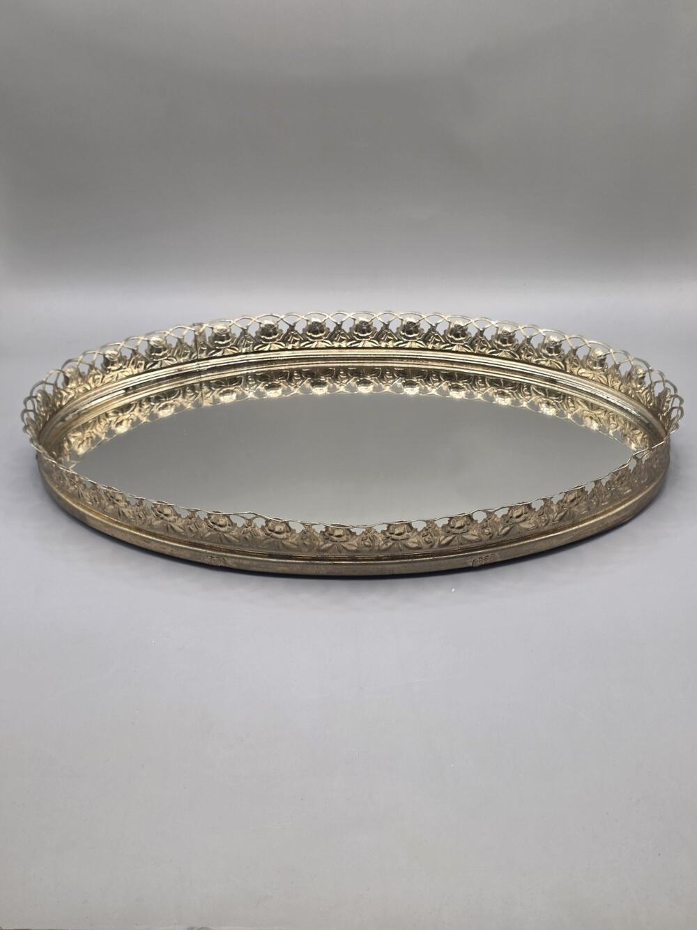 Vtg Gold Filigree Mirrored Vanity Tray Oval Perfume Dresser Hollywood Regency